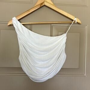 Free People One Minimalist Preppy  White One Shoulder Ruched CropTop Size M